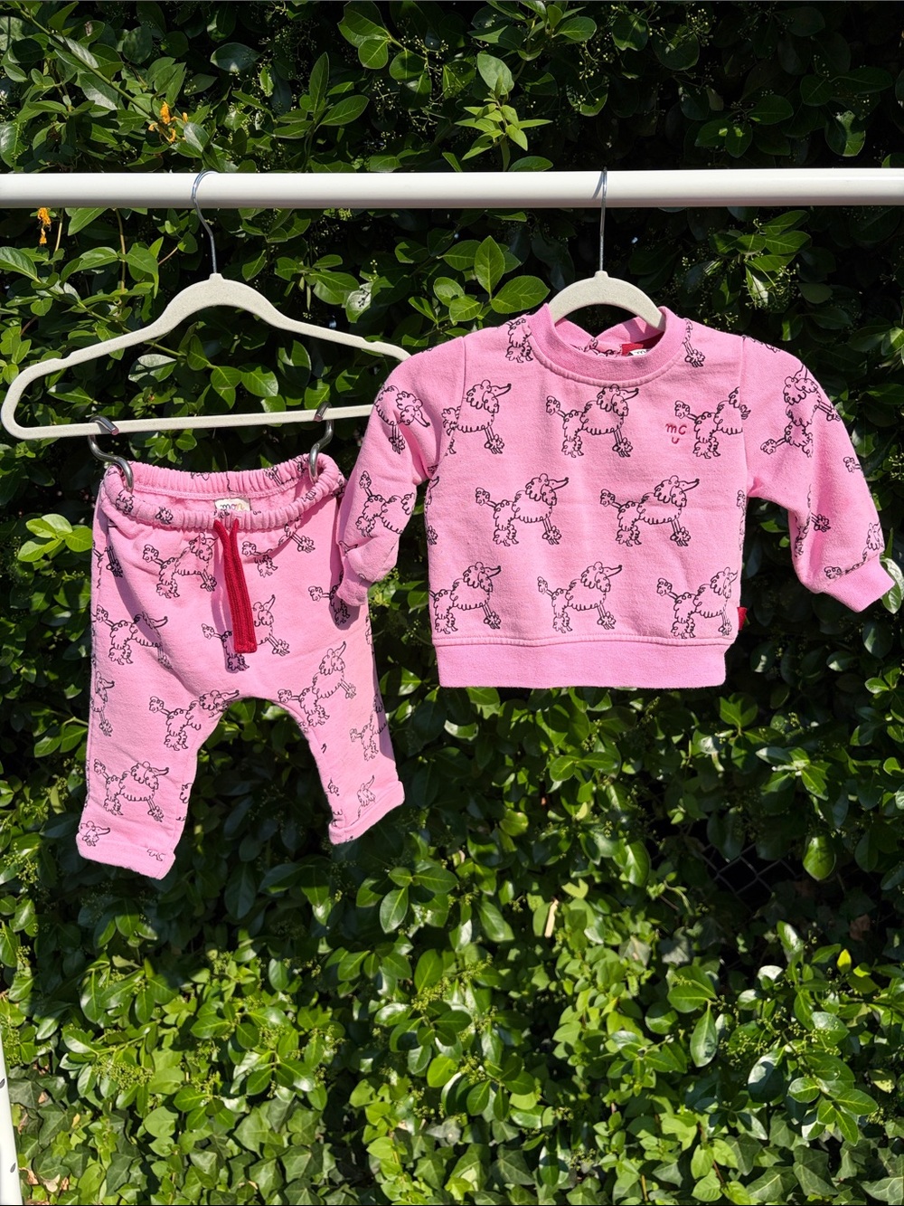 Mon Coer 6-12 baby track suit matching pink set with poodles.